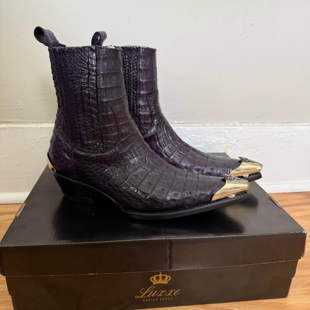 Luxxe Purple Crocodile Leather Boots with Accents